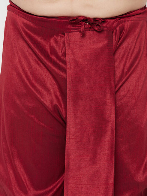 Vastramay PLUS Men's Maroon Zari Weaved Nehru Jacket With Kurta Dhoti set